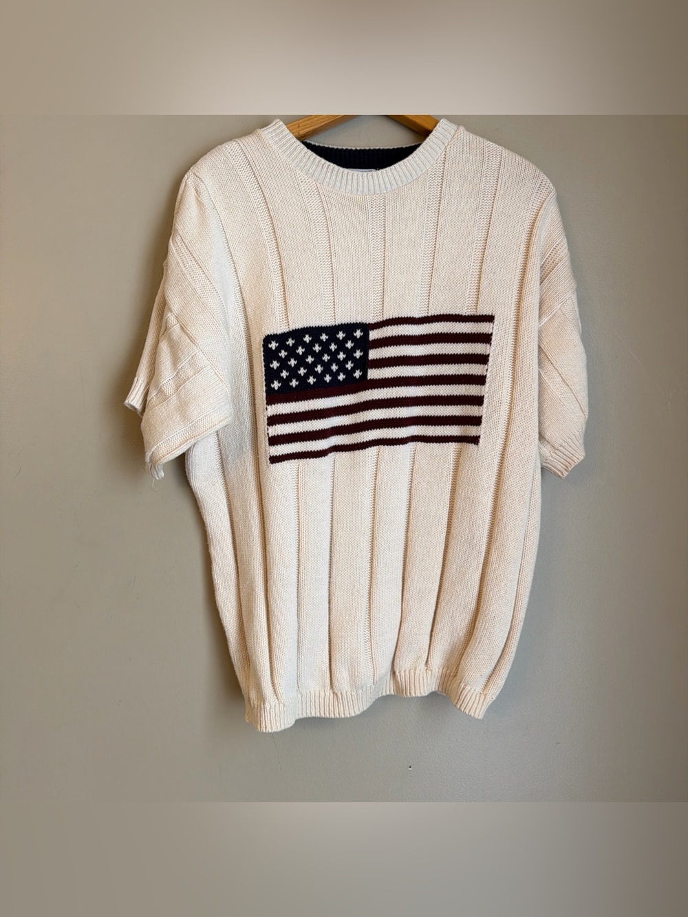 Vtg Cotton Harbor American Flag Sweater Short Sleeve 4th Of July America L